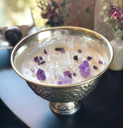 Crystal Goddess Gemstone Chalice with Amethyst & Quartz - Alchemy Ritual Sacred Crystal Chalice Candles
