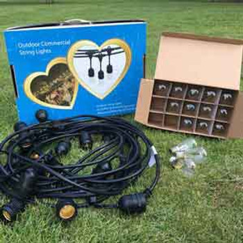 Packaging 47ft Commercial Patio / Bistro Light Set 36" bulb Spacing Packaging 47ft Commercial Patio / Bistro Light Set 36" bulb Spacing