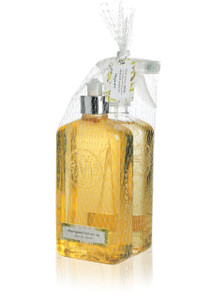 Kitchen soap and surface cleaner contained by mesh packaging.