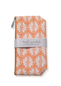 Orange zippered cosmetic bag with white print