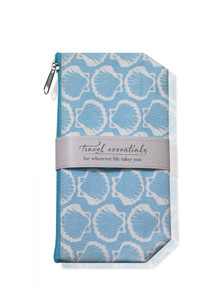 Blue wipeable cosmetic bag with white shell design