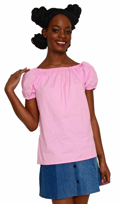 Pink Cotton Peasant Blouse, Puff Sleeve Top, Elastic Neckline