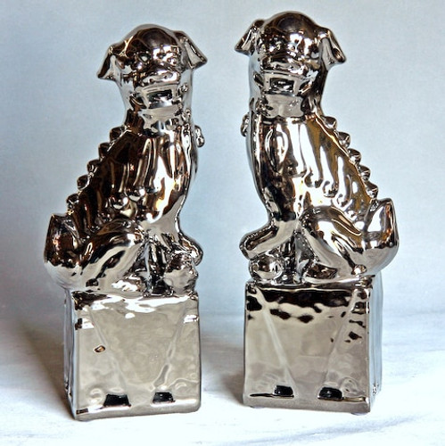 Porcelain Sitting Foo Dog Pair - Silver