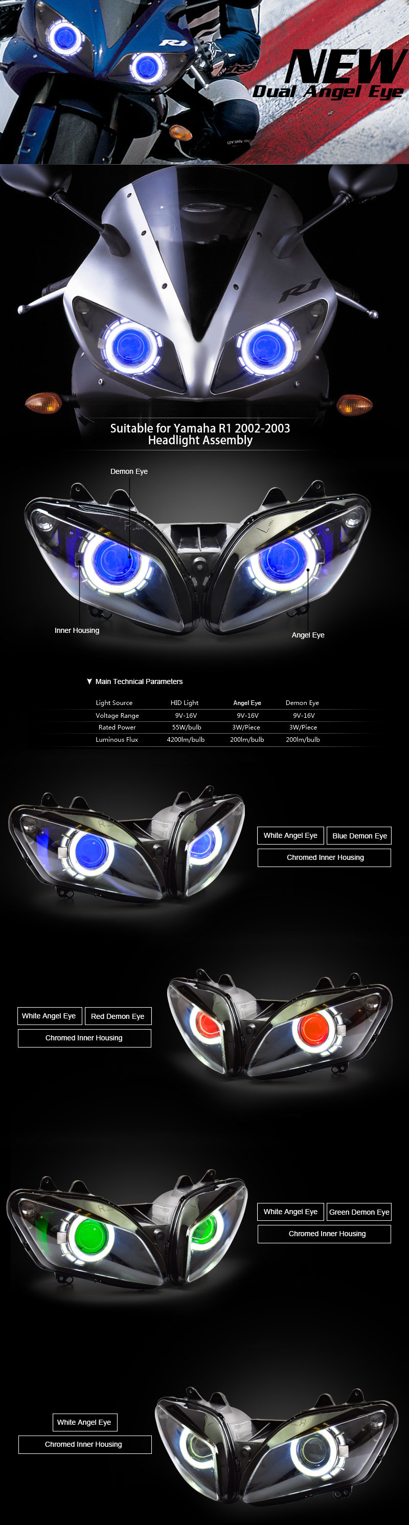 Fit For Yamaha R1 2002-2003 LED Dual Angel Eye Headlight Assembly