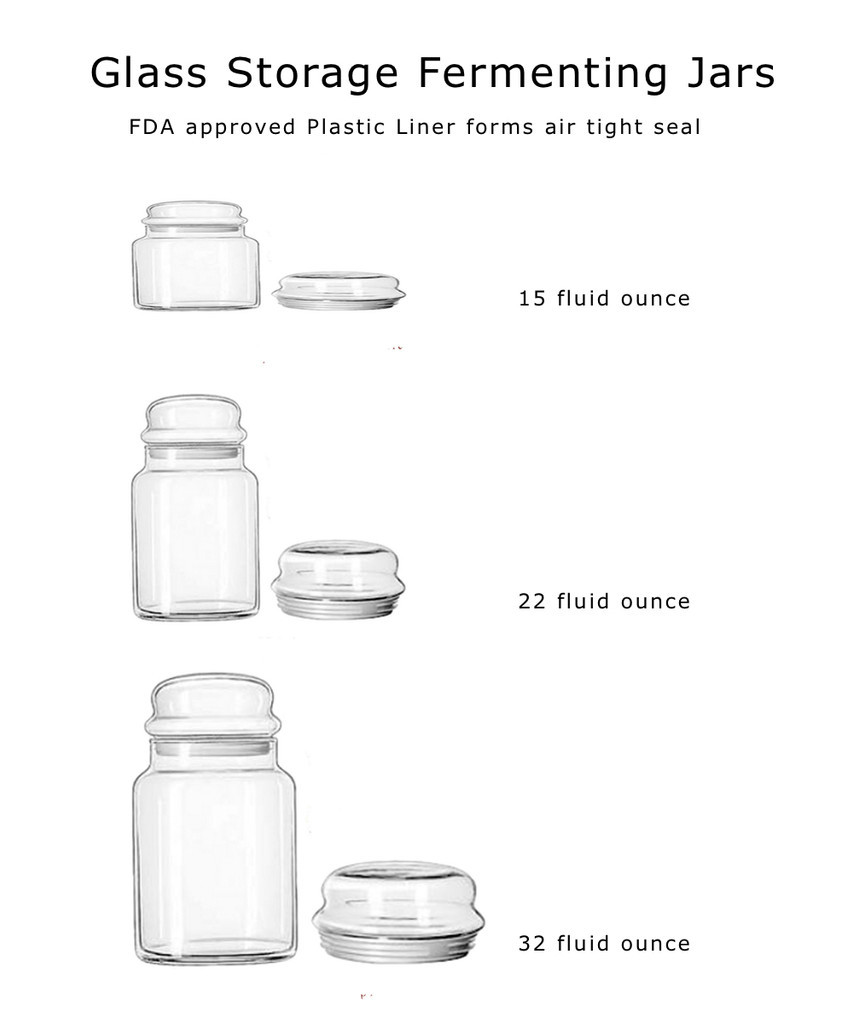 Glass Fermenting and Storage Jars with FDA approved plastic seals air tight.