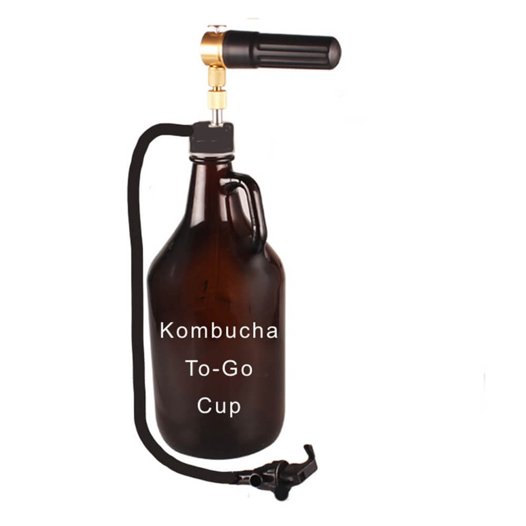 Kombucha To-Go. 64 oz Glass Growler Tap . Unique Mini-keg easy to use, easy to carry. Uses standard CO2 threaded cartridges. No More Flat Brew