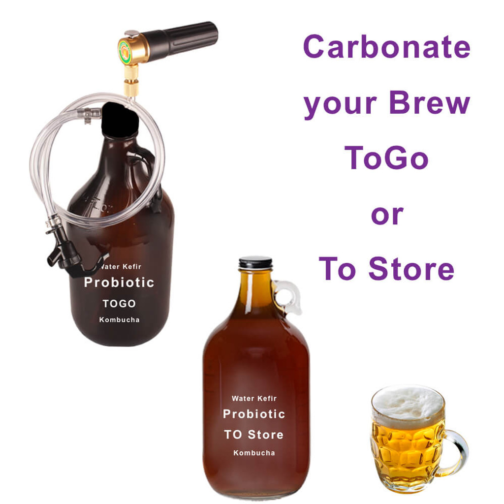 No more flat brew. Our Growler Tap easily carbonates Glass Growlers TOGO or to store in refrigerator until ready. Carbonate Kombucha, Ginger Beer, Water Crystals, Water Kefir, Sparkles Plain Water, Juice, Apple Cider,Beer, Wine, and even whiskey.