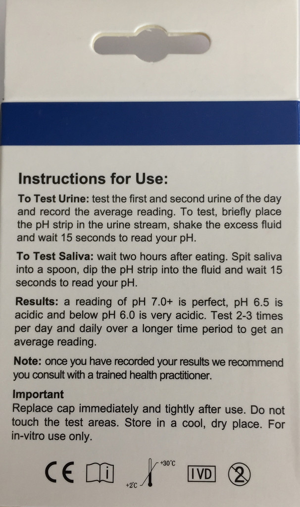 pH paper strips test range 2-9 by 1/2 . Directions to use.