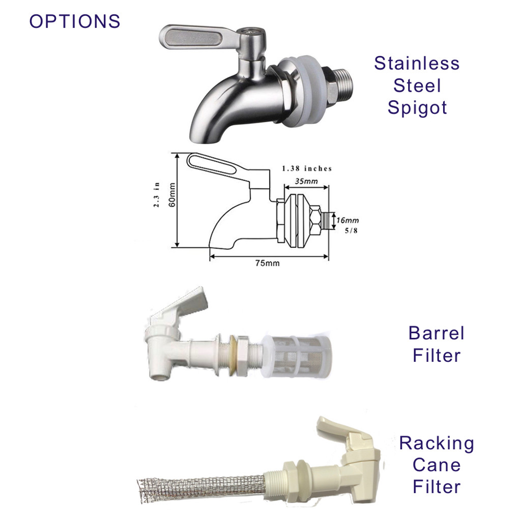 OPTIONAL Stainless Steel Spigot. Food Grade with various optional filters