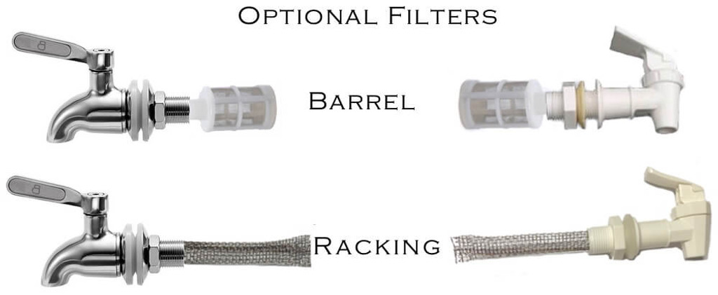 Optional filters for stainless steel spigots and plastic spigots. Less clogs and smoother pure pour.