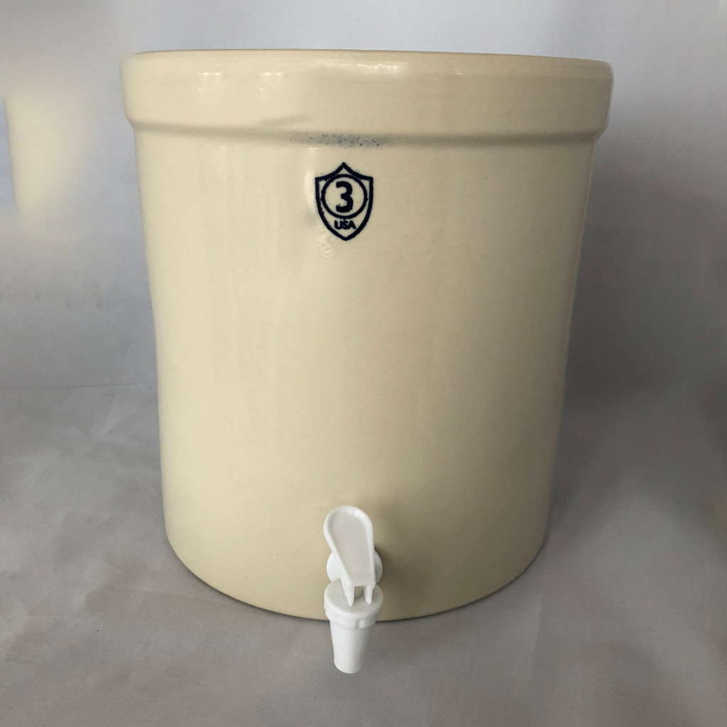 3 Gallon Stoneware Dispenser with choice of spigots; Plastic, stainless Steel or all wood spigot with cork insert. Everything Food Grade, lead free toxin free. Made in America.