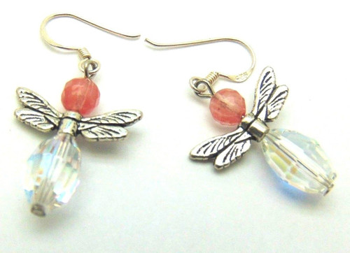 Sterling Silver Angel Earrings Fairy Strawberry Quartz Made W Swarovski Crystal Sterling Silver Angel Earrings Fairy Strawberry Quartz Made W Swarovski Crystal