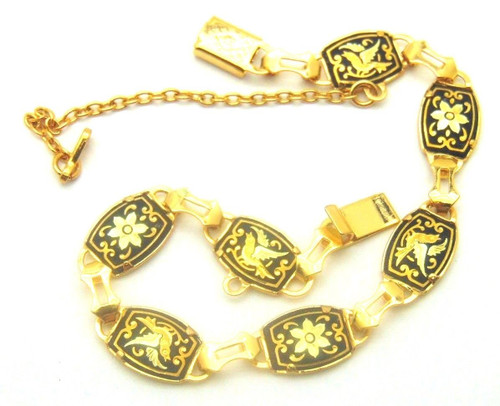 VTG Damascene BRACELET Bird Flower Toledo 7 Panel Link Safety Chain DazzleCity VTG Damascene BRACELET Bird Flower Toledo 7 Panel Link Safety Chain DazzleCity