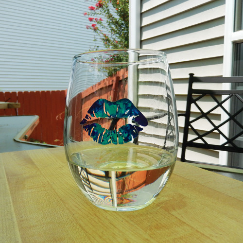 Blue Tie Dye Lips Stemless Wine Glass