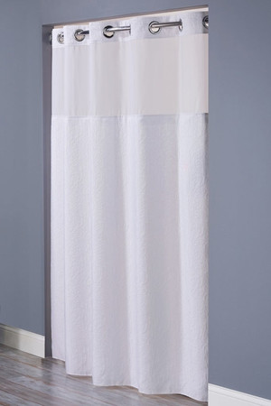 Available in different styles to complement any decor, the Coral Hookless® shower curtain is not only handsome - it's also extra durable because it's made for hotels. The Coral Hookless® shower curtain installs in seconds and operates smoothly without tugging or snagging. The Coral Hookless® shower curtain curtain "stacks" beautifully for a neat appearance when pushed to the side. The Coral Hookless® shower curtain with "It's A Snap"™ liner works with any shower rod, but combine it with The Arc ™ curved shower rod for an elegant upgrade. The Coral Hookless® Shower Curtain features an attractive, double weave puffed coral pattern; with a sheer, translucent window across the top to let light in and maintain privacy. Highly Machine Washable.
100% Polyester fabric with coordinating sheer fabric window
Replaceable, water repellent snap-in liner with magnets resists soap scum and minimizes mold and mildew
Chrome raised Flex-On rings allow 10 second installation without removing the shower rod
Highly Machine Washable
Available only in white
71" x 77"
Call 855-468-3528 or click here to email us about large quantity purchases.
(Note: The digital images we display have the most accurate color possible. However, due to differences in computer monitors, we cannot be responsible for variations in color between the actual product and your screen.)