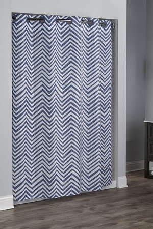 Available in different styles to complement any decor, the Hookless® shower curtain is not only handsome - it's also extra durable because it's made for hotels. It installs in seconds and operates smoothly without tugging or snagging. This curtain "stacks" beautifully for a neat appearance when pushed to the side.
The Walker Hookless® shower curtain with "It's A Snap"™ liner works with any shower rod, but combine it with The Arc ™ for an elegant upgrade.
Two piece set including Snap-in Liner
Modern grey blue chevron pattern
Full panel Hookless® shower curtain
Made of 100% polyester
Coordinating flat Flex-On® rings.
Water repellent snap-in liner resists soap scum and minimizes mold and mildew
Includes weighted corner magnets
Washable and dryable
71 by 77 inches
Call 855-468-3528 or click here to email us about large quantity purchases.
