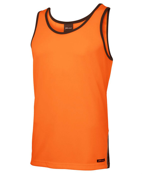 Hi Vis Contrast Singlet. Angled view. Orange/Navy.