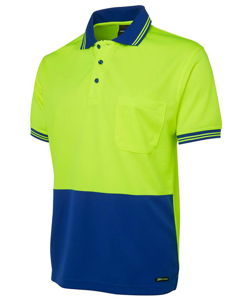 Hi Vis S/S Traditional Polo 6HVPS. Angled View. Lime/Royal.