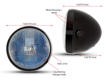 H4 Headlight 7.5" Gloss Black Metal 12V 55W Retro Project Motorbike Motorcycle H4 Headlight 7.5" Gloss Black Metal 12V 55W Retro Project Motorbike Motorcycle