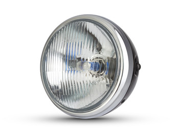H4 Headlight 7.5" Gloss Black Metal with Chrome Bezel 12V 55W Retro Project Motorbike Motorcycle H4 Headlight 7.5" Gloss Black Metal with Chrome Bezel 12V 55W Retro Project Motorbike Motorcycle