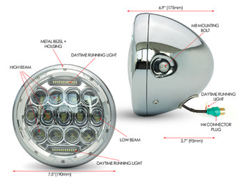 Chrome Headlight 7.5" Projector LED for Cafe Racer Retro Custom Motorbike Motorcycle Chrome Headlight 7.5" Projector LED for Cafe Racer Retro Custom Motorbike Motorcycle