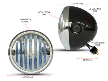Motorbike Headlight 6.5" Black with Chrome Prison Grill Retro Scrambler Project Motorbike Headlight 6.5" Black with Chrome Prison Grill Retro Scrambler Project