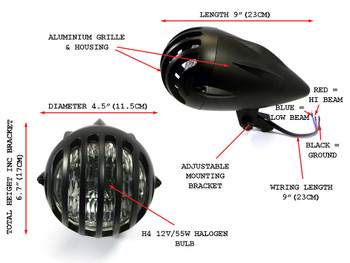 4.5" Matt Black Aluminium Ally H4 55w E-marked Universal Motorcycle Motorbike Headlight 4.5" Matt Black Aluminium Ally H4 55w E-marked Universal Motorcycle Motorbike Headlight