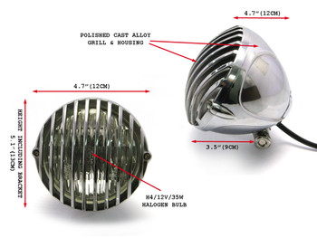 4 1/2" 12V 35W Polished Alloy Retro Vintage Grill Headlight Motorcycle Motorbike 4 1/2" 12V 35W Polished Alloy Retro Vintage Grill Headlight Motorcycle Motorbike