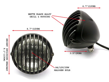 4 1/2" 12V 35W Matt Black Alloy Retro Vintage Grill Headlight Motorcycle Motorbike 4 1/2" 12V 35W Matt Black Alloy Retro Vintage Grill Headlight Motorcycle Motorbike