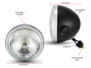 6" Matt Black & Chrome H4 Retro Headlight Project Cafe Racer Scrambler Motorbike 6" Matt Black & Chrome H4 Retro Headlight Project Cafe Racer Scrambler Motorbike