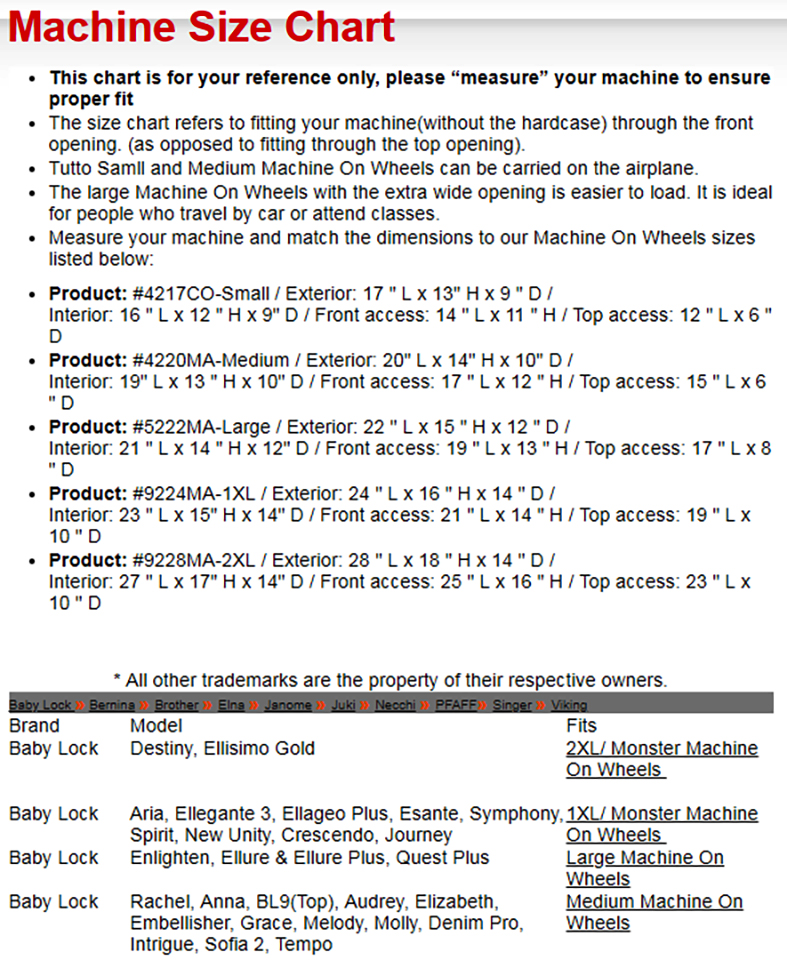 Tutto Sewing Machine Size Chart