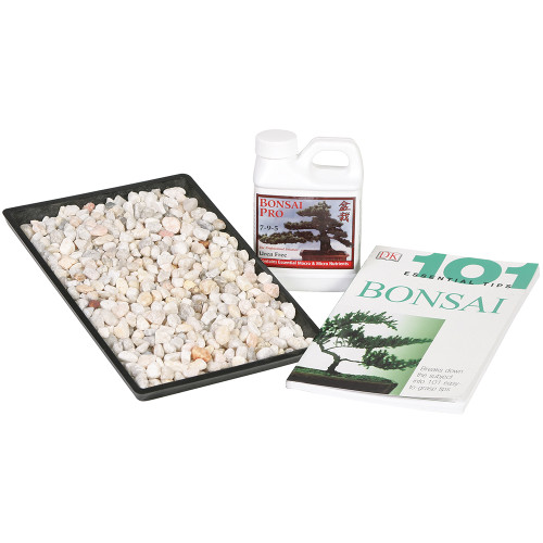 Choose your bonsai tree and complete your purchase with this recommended trio of specially priced products: a clearly written book with good; basic information; super concentrated nutrients (8 oz. bottle makes 180 gal.) and a surface-saving humidity tray to counteract the effects of indoor dryness and outdoor windiness. Kit includes: 101 Essential Tips for the Care of Bonsai; 8 oz. Bonsai Pro Professional Nutrient formula and a 11" Humidity Tray with decorative rocks.