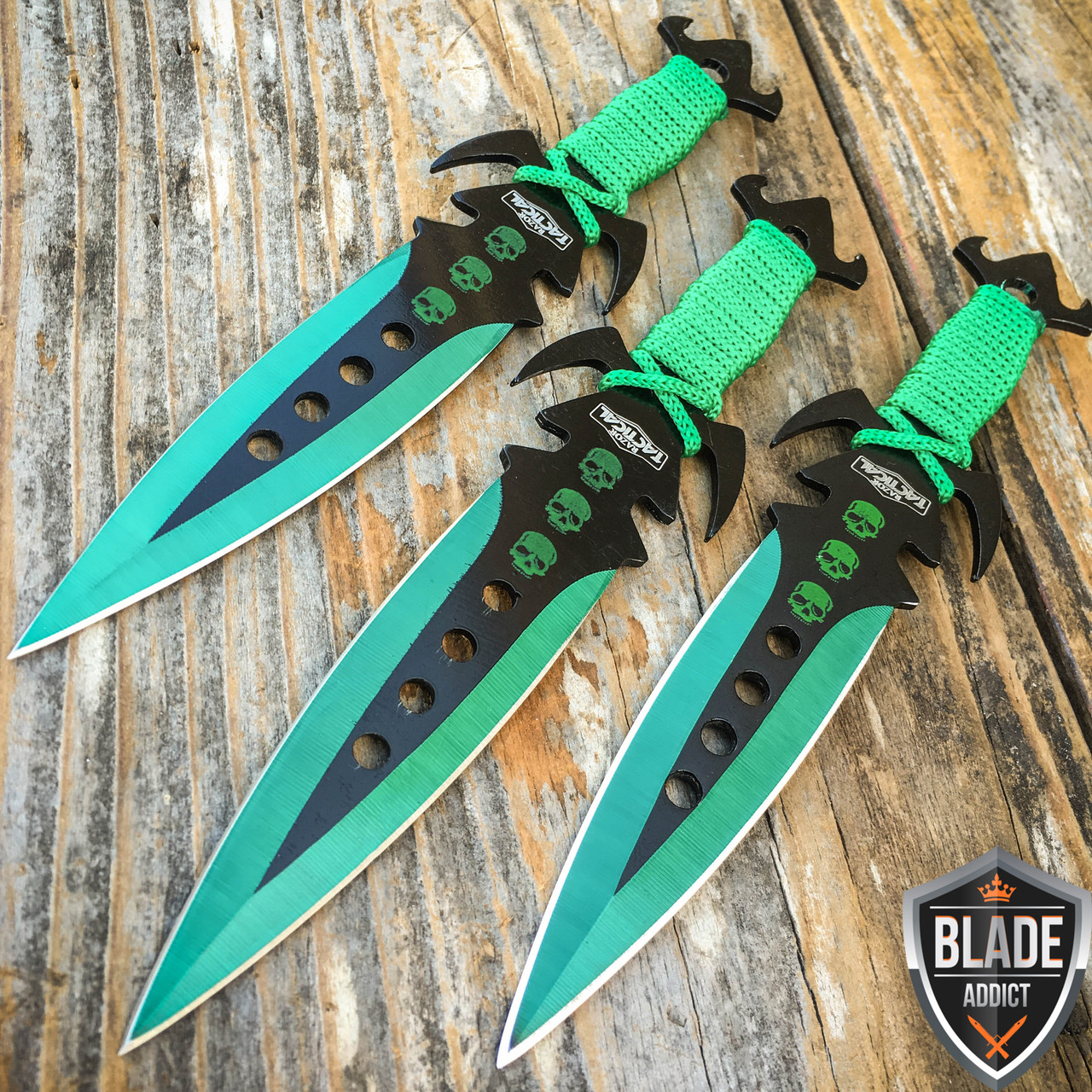 3Pc 7.5" Ninja Tactical Combat Kunai Throwing Knife Set W/Sheath GREEN