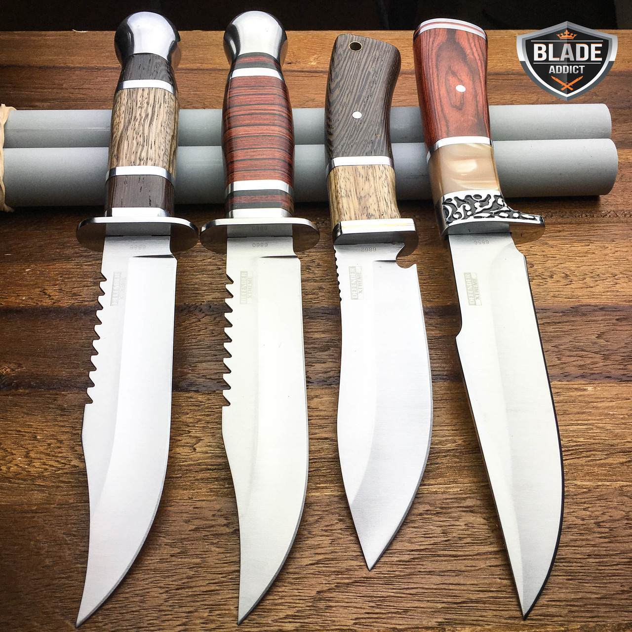 4PC SET Fixed Blade Wood Hunting Knife Outdoor Survival Bowie Camping
