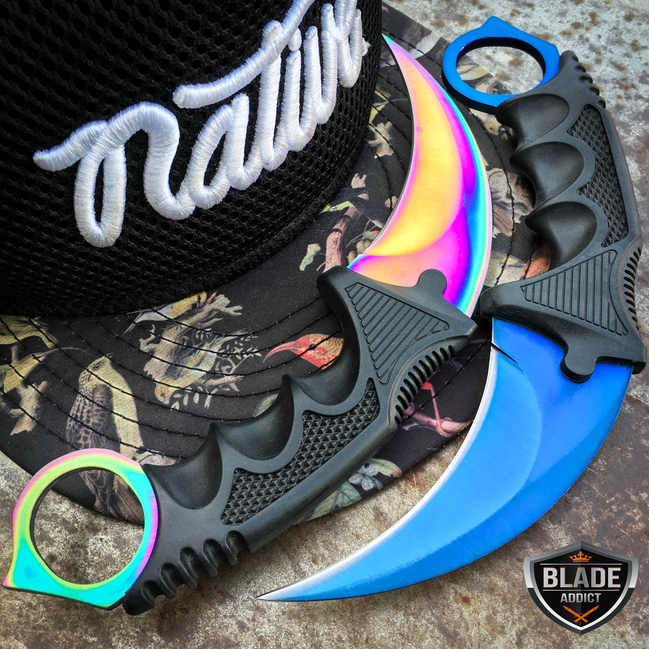 2PC TACTICAL COMBAT FIXED BLADE KARAMBIT RAINBOW BLUE CSGO HUNTING ...