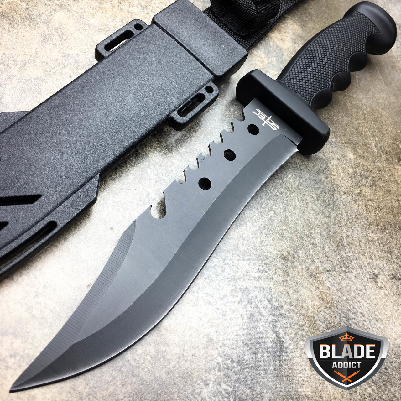 12" BLACK TACTICAL SURVIVAL Rambo Hunting FIXED BLADE KNIFE Bowie w