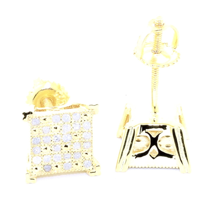 Mens Yellow Gold Iced Out 1/5 cttw Diamond Square Bling Earrings
