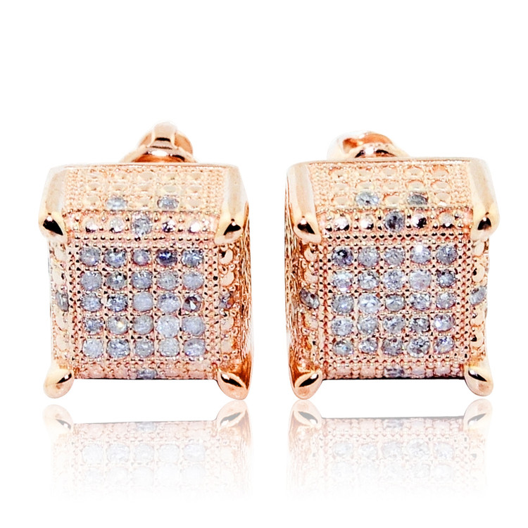 10K Rose Gold Cube Earrings Large 8.76mm wide 0.3cttw Pave Set