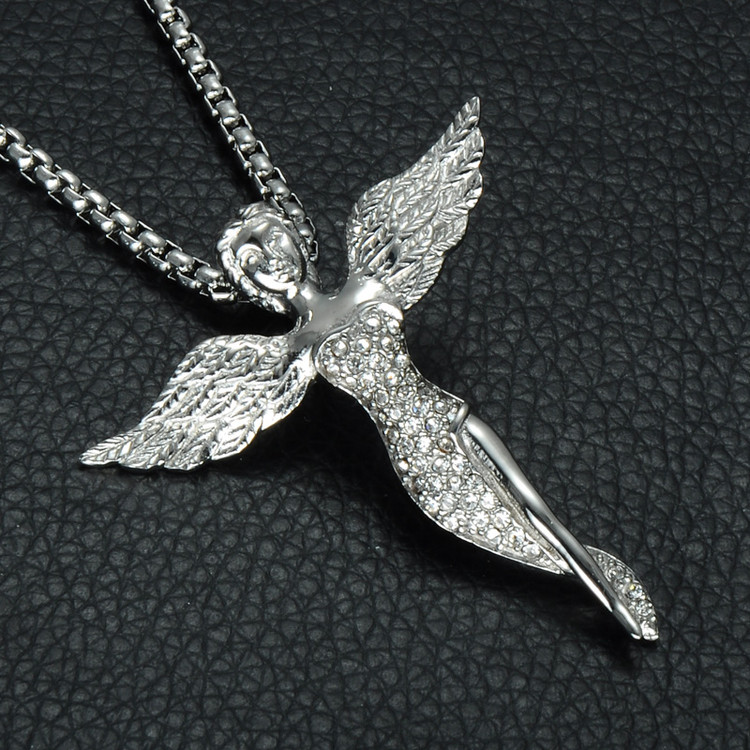 Mens Hip Hop Silver Stainless Steel Simulated Diamond Cherub Angel Prayer Pendant