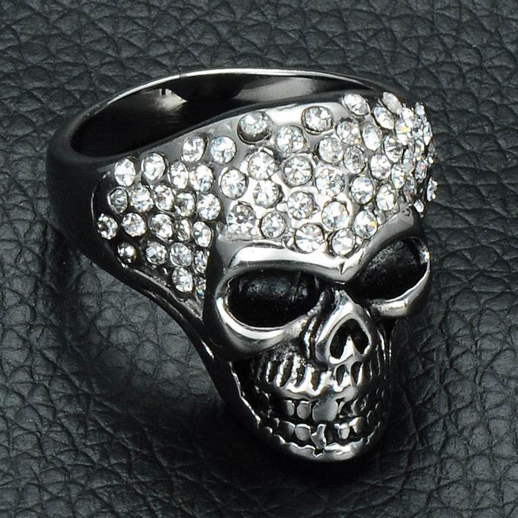 Mens Micro Pave Simulated Diamond Titanium Stainless Steel Iced Out Skull Ring
