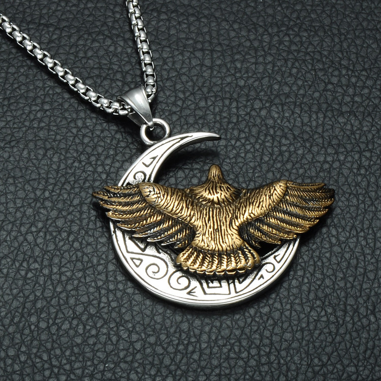 Mens Two Tone Titanium Stainless Steel Aztec Eagle Half Moon Chain Pendant