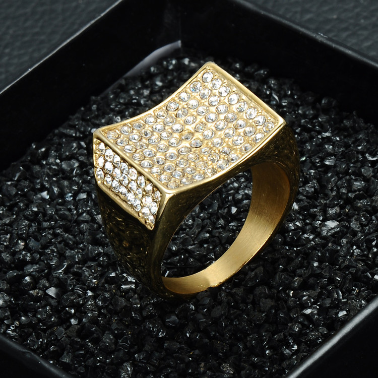 Mens 14k Gold Concave Lab Diamond Iced Out Stainless Steel Ring