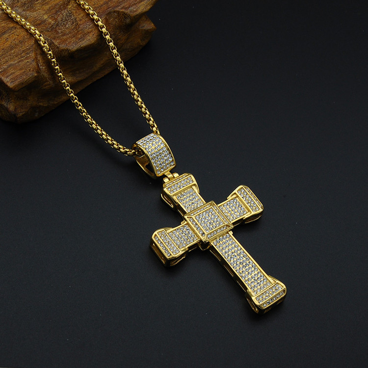 Hip Hop Micro Pave Full Simulated Diamond Titanium Stainless Steel Iced Out JESUS Cross Chain Pendant