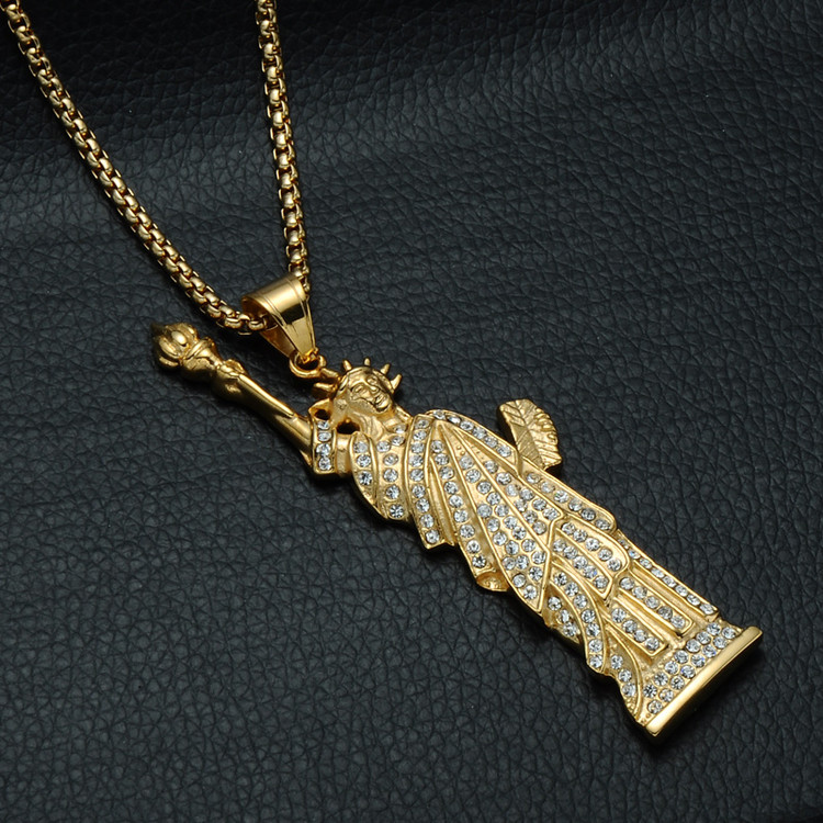 14k Gold Hip Hop Bling Iced Out Lab Diamond New York Statue of Liberty Chain Pendant Necklace