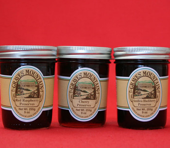 GRAVES MOUNTAIN PRESERVE SAMPLER -RED RASPBERRY PRESERVES, CHERRY PRESERVES AND SEEDLESS BLACKBERRY PRESERVES GRAVES MOUNTAIN PRESERVE SAMPLER -RED RASPBERRY PRESERVES, CHERRY PRESERVES AND SEEDLESS BLACKBERRY PRESERVES