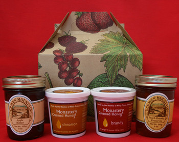 GRAVES MOUNTAIN APPLE BUTTER AND PEACH BRANDY PRESERVES, MONASTERY CINNAMON AND BRANDY CREAMED HONEY GRAVES MOUNTAIN APPLE BUTTER AND PEACH BRANDY PRESERVES, MONASTERY CINNAMON AND BRANDY CREAMED HONEY