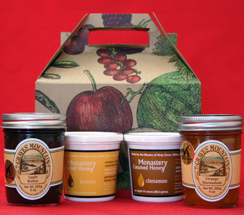 GRAVES MOUNTAIN APPLE BUTTER AND ORANGE MARMALADE, MONASTERY CINNAMON AND LEMON CREAMED HONEY GIFT BOX GRAVES MOUNTAIN APPLE BUTTER AND ORANGE MARMALADE, MONASTERY CINNAMON AND LEMON CREAMED HONEY GIFT BOX