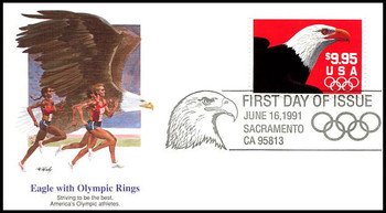 2541 / $9.95 Express Mail Eagle and Olympic Rings Domestic Rate 1991 Fleetwood FDC 2541 / $9.95 Express Mail Eagle and Olympic Rings Domestic Rate 1991 Fleetwood FDC