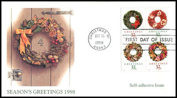 3252a / 32c Greetings Holiday Wreaths PSA Sheet Issue Se-Tenant Block of 4 Christmas Series 1998 Fleetwood FDC 3252a / 32c Greetings Holiday Wreaths PSA Sheet Issue Se-Tenant Block of 4 Christmas Series 1998 Fleetwood FDC