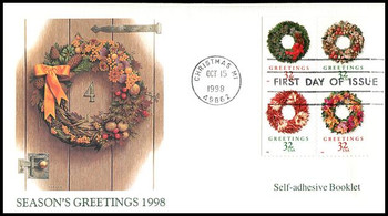3252b / 32c Greetings Holiday Wreaths PSA Booklet Issue Se-Tenant Block of 4 Christmas Series 1998 Fleetwood FDC 3252b / 32c Greetings Holiday Wreaths PSA Booklet Issue Se-Tenant Block of 4 Christmas Series 1998 Fleetwood FDC